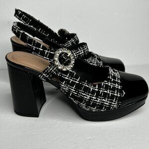 Jellypop Jeannie Shoes Womens 7.5M Tweed Block Heel Mary Jane Rhinestone Buckle